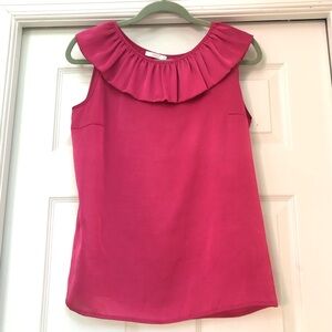 Simple Satin Pink Ruffle Sleeveless Top Blouse